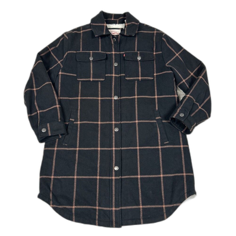 Levi's Jacket Womens Small Black Pink Plaid Cotton Faux Sherpa Lined Shirt Long